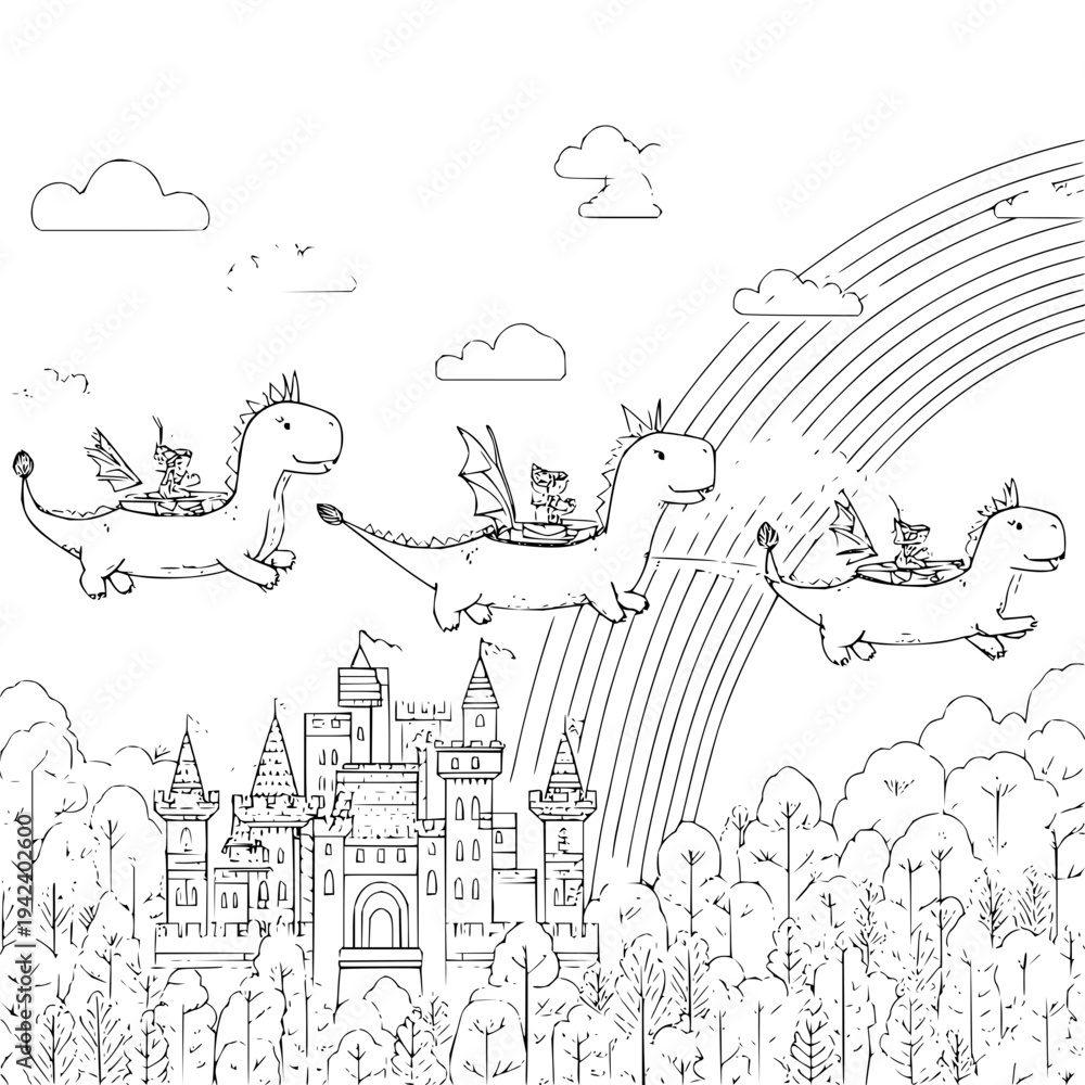 Fototapeta premium Dinosaurs Flying over Castle with Rainbow