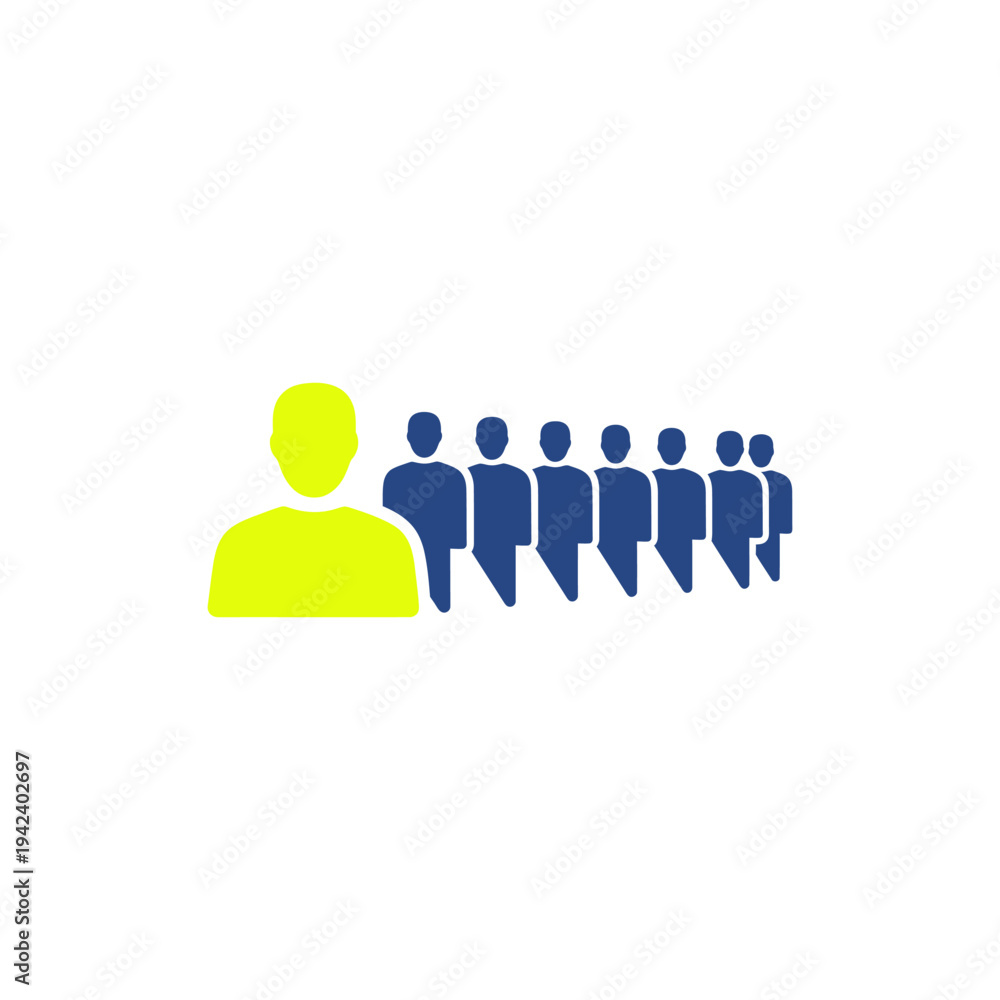 Fototapeta premium flat semi-flat vector icon of a team following a highlighted leader figure, minimal human silhouettes, solid colors, no gradient, white background