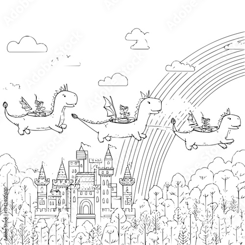 Dinosaurs Flying over Castle with Rainbow