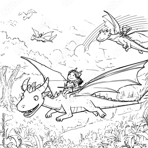 Little Girl Riding Big Smiling Dragon Flying through Sky with Clouds
