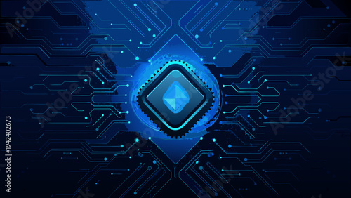 Abstract digital circuit board with glowing blue geometric shapes