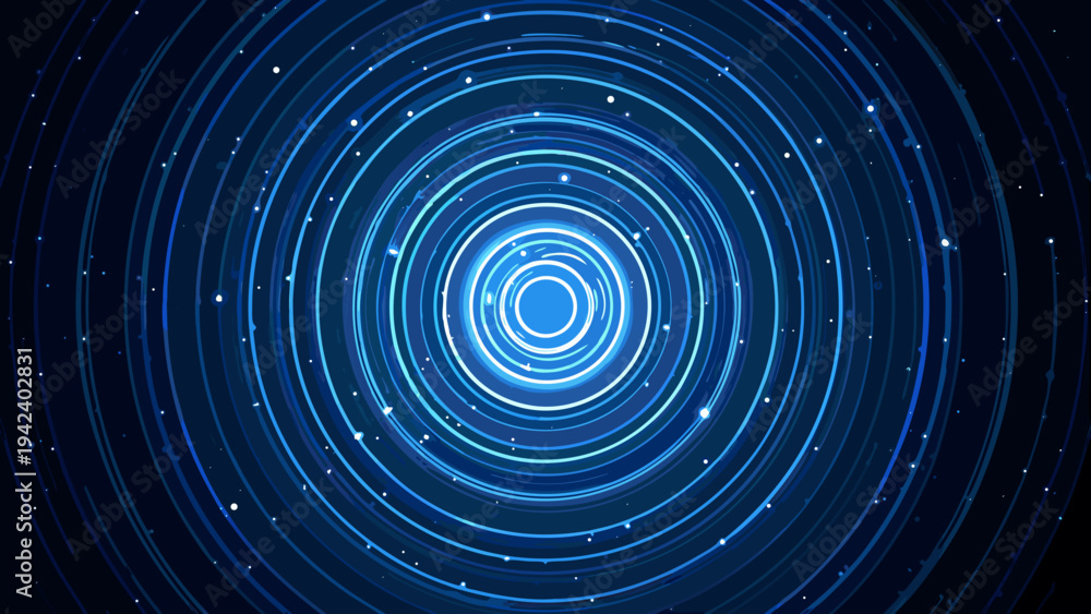 Fototapeta premium Abstract blue concentric circles with sparkling lights on a dark background