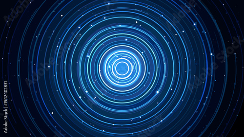 Abstract blue concentric circles with sparkling lights on a dark background