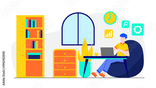 An individual working on a laptop at a desk in a clean home office environment with data icons and a bookshelf