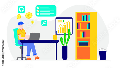 A freelancer working at a desk surrounded by financial icons data charts and a large bookshelf
