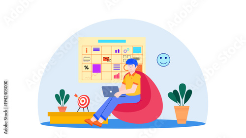 A man working on a laptop while sitting on a red bean bag in a modern home office with a task board and plants