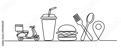 Continuous line drawing of fast food delivery elements including scooter, burger, and location pin