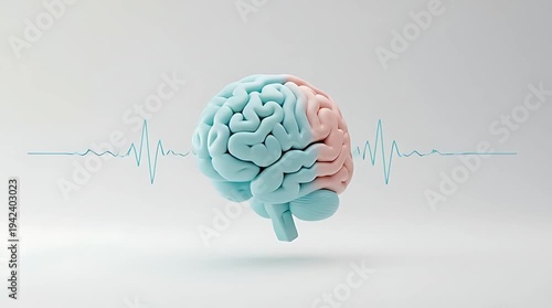 Rotating pastel brain with medical pulse waveform animation.