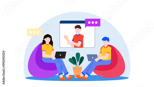 Two professionals sitting on bean bags having a video conference with a colleague on a digital screen