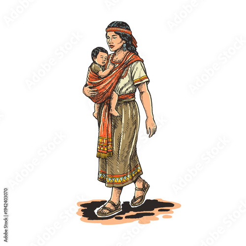 Native American Mother Carrying Baby in Traditional Cloth Carrier Colored Vector