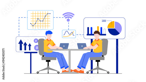 Two colleagues working together at a desk with large digital charts and project tracking icons