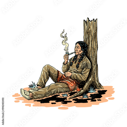 Native American Man Resting and Smoking Pipe Under Tree Colored Vector Illustration