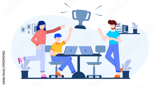 Team of business professionals cheering and celebrating success together