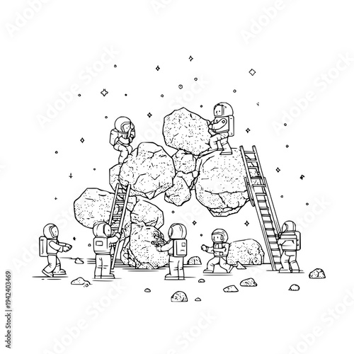 Astronauts Building Space Station on Asteroid with Ladders