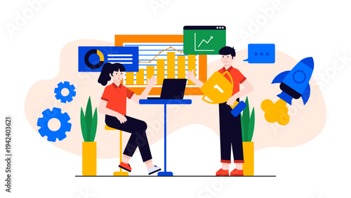 Manager motivating employee with trophy award for business success