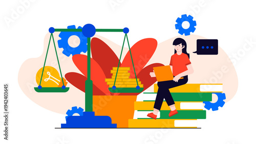 Woman balancing money and ideas for work-life harmony and benefits