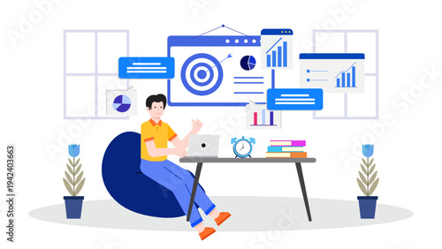 Entrepreneur managing business data and goals while working on laptop