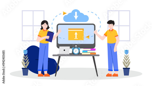 Business people using a large computer monitor for online document sharing and cloud storage solutions