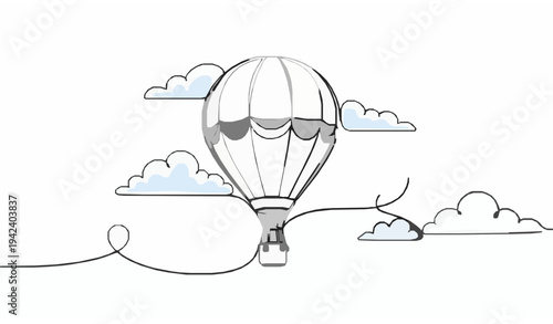 Continuous Line Hot Air Balloon With Cloud Minimal Travel Vector