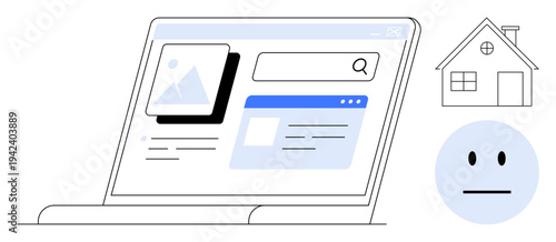 Technology, remote work, user experience, online search, web browsing, internet functionality. Laptop with search bar, webpage layout home and neutral face icons. Technology and remote work concept