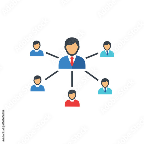 flat semi-flat vector icon of a leader figure connected to team members by lines representing leadership network
