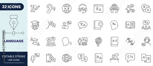 Language outline icon set with smooth curves and consistent line weight. Suitable for translation, communication, and learning concepts. Fully editable stroke vector.