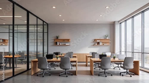 Modern open-plan office with wooden desks, gray ergonomic chairs, glass partitions, and large windows—clean, minimalist workspace for remote teams and corporate collaboration.