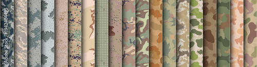 Military camouflage pattern collection with various army soldier uniform textures