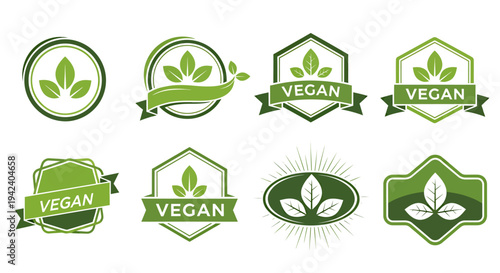 Collection of vegan leaf logo badges featuring green eco seals and plants.