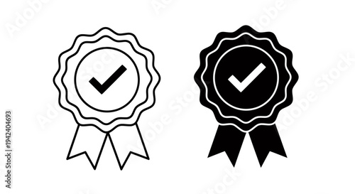 Two award ribbons illustration with check marks and rosettes for recognition and decoration.