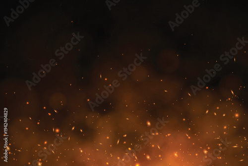 Magical fire particle background with orange glowing sparks and bokeh transparent background