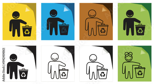 Iconic multi colored figures showing a person disposing waste into a bin to promote recycling and environmental responsibility.