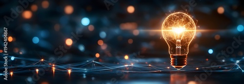 Glowing light bulb connected to digital network lightbulb