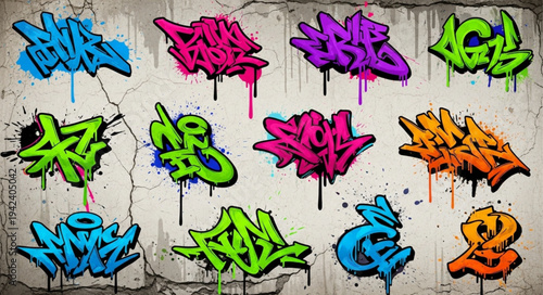 Colorful graffiti spray-painted tags on wall.