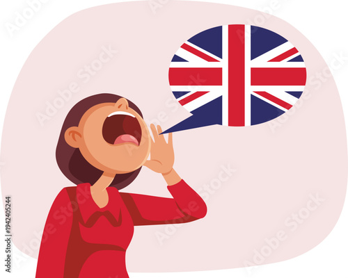Woman Shouting In English With United Kingdom Flag Speech Bubble. Person learning a new foreign language of international circulation
