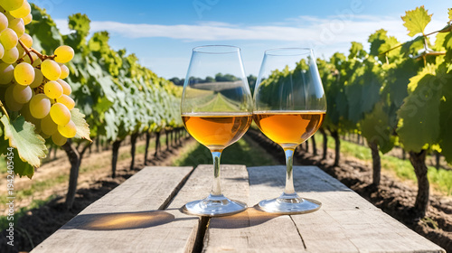 Tasting of Cognac strong alcohol drink in Cognac region, Charente with rows of ripe ready to harvest ugni blanc grape on background uses for spirits distillation, France