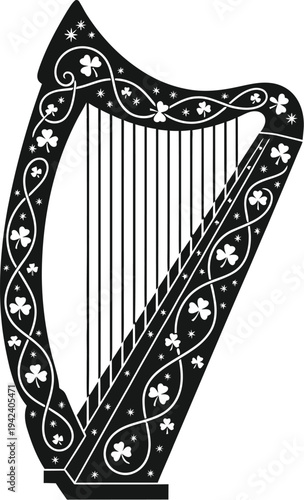 Classic Celtic harp vector illustration adorned with traditional Irish shamrocks and swirling patterns, representing rich musical heritage and cultural symbolism.