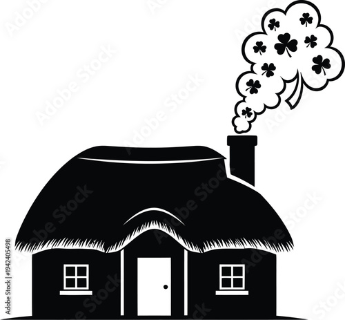 Black and white vector graphic illustration of a charming rustic cottage featuring a thatched roof and chimney smoke adorned with shamrocks