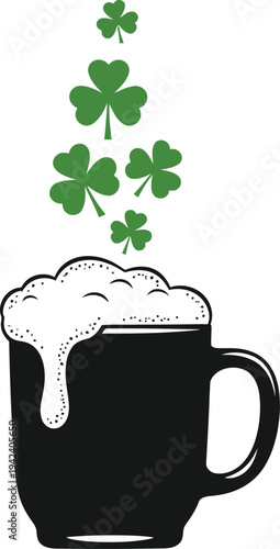Stylized vector graphic illustration of a dark beer mug overflowing with frothy head and floating green shamrocks symbolizing a festive celebration