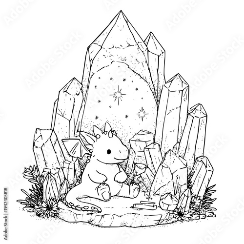 Smiling Dragon Sitting in Front of Crystal Cave with Stars