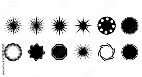 Diverse Black Sunburst and Circular Frame Shapes for Design Elements.