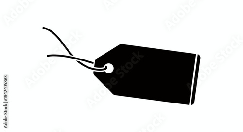 Silhouette of a black price tag with string on white background and minimal design.