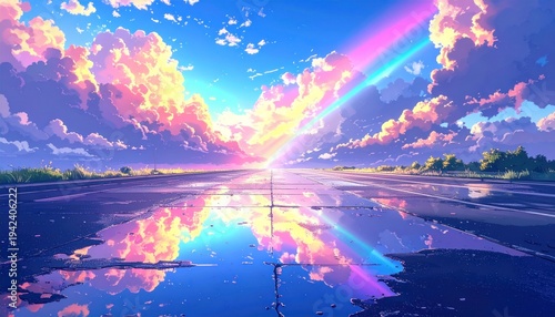 Animated sky and road reflecting colorful clouds and a rainbow