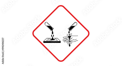 Corrosive chemical hazard symbol showing hands and surface damage warning.