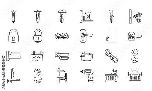 Hardware Tools Fasteners Construction Outline Icons
