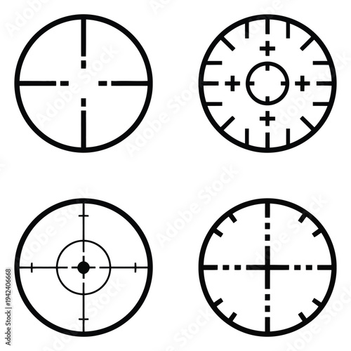 Crosshairs flat icon set isolated on white background, minimalistic symbols for shooting
