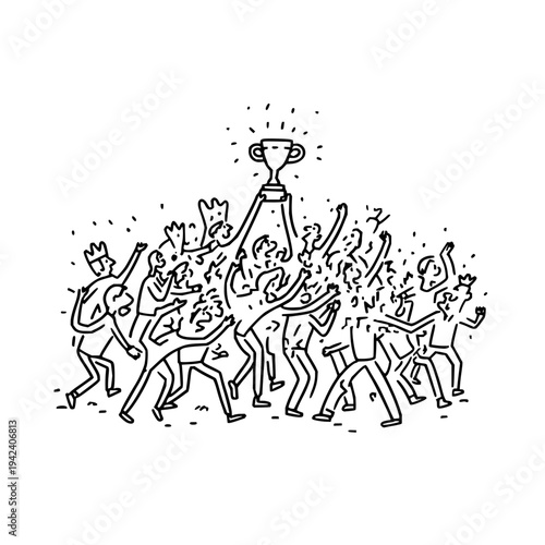 People Celebrating with Trophy in Black and White Line Art Style