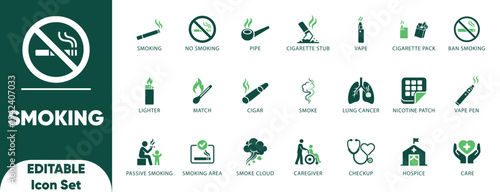 Smoking solid icons set. flames, legal, quit, cancer, health, death, illegal, risk, match, sport, disease, illustration, and solid icons.