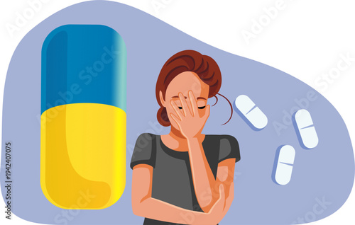 Stressed Woman With Large Medical Capsule And White Pills Illustration. Unhappy lady suffering from migraine and depression finding treatment 