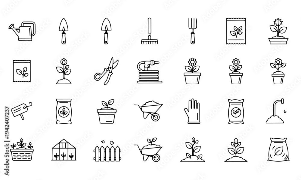 Fototapeta premium Gardening Tools Equipment Outline Icons